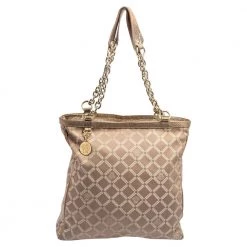 Versace Dark Beige Signature Fabric And Leather Chain Tote For Women