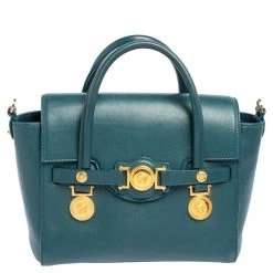 Versace Teal Green Leather Small Medusa Medallion Tote For Women