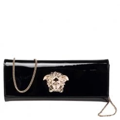 Versace Black Patent Leather Medusa Chain Clutch For Women