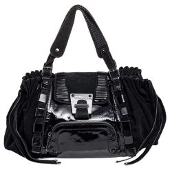 Versace Black Patent Leather And Suede Flap Tote For Women