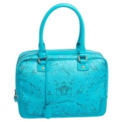 Versace Turquoise Printed Coated Canvas And Leather Zip Boston Bag For Women