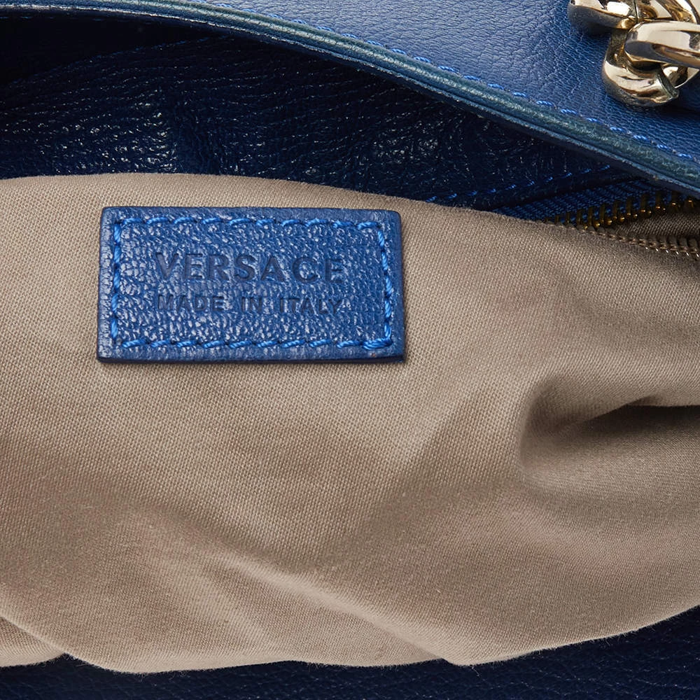 Versace Blue Perforated Logo Leather Chain Tote For Women - Image 8