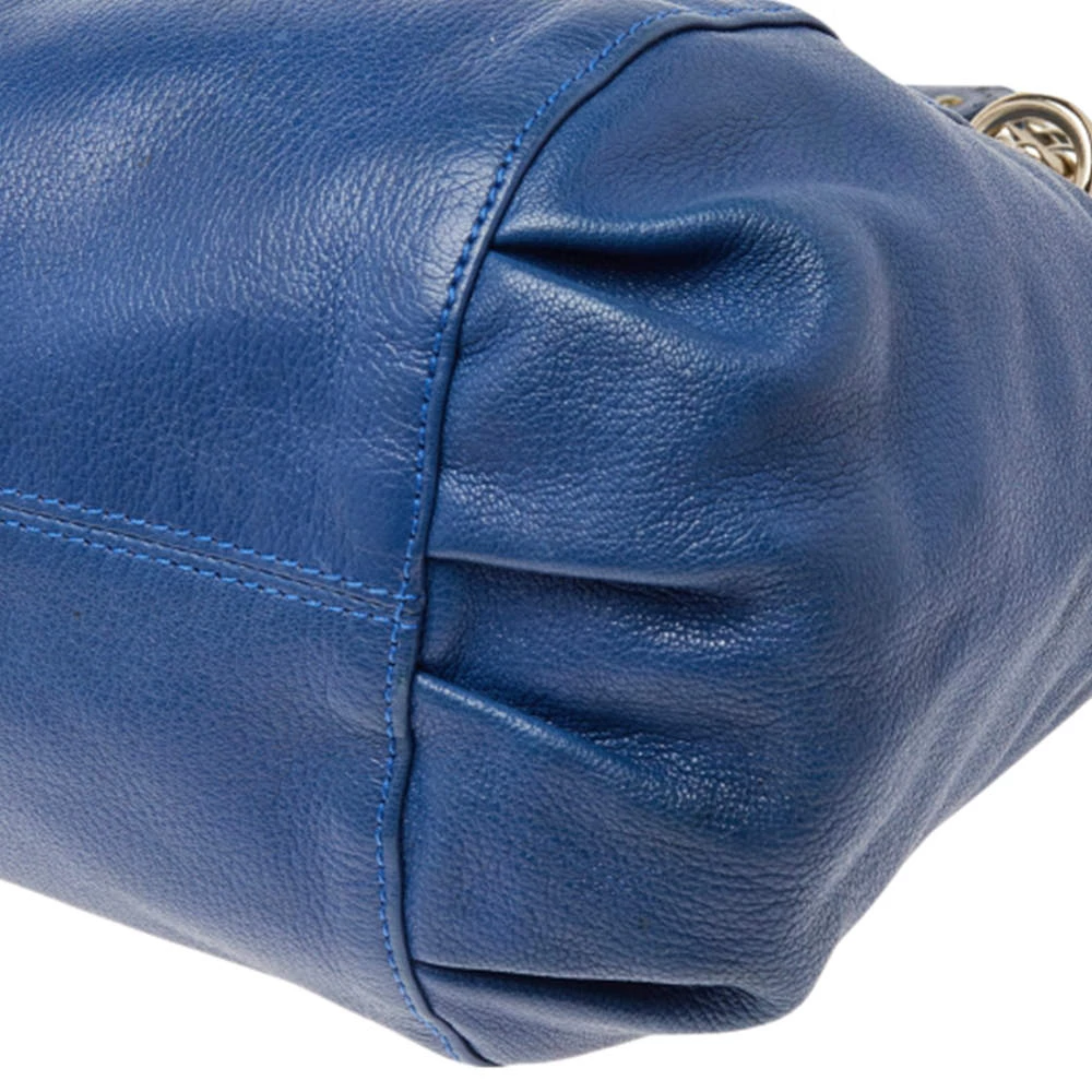 Versace Blue Perforated Logo Leather Chain Tote For Women - Image 11