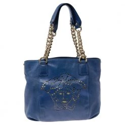 Versace Blue Perforated Logo Leather Chain Tote For Women
