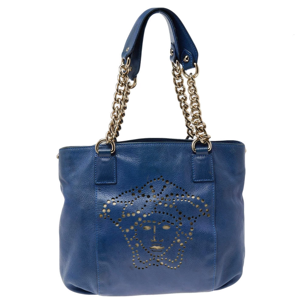 Versace Blue Perforated Logo Leather Chain Tote For Women