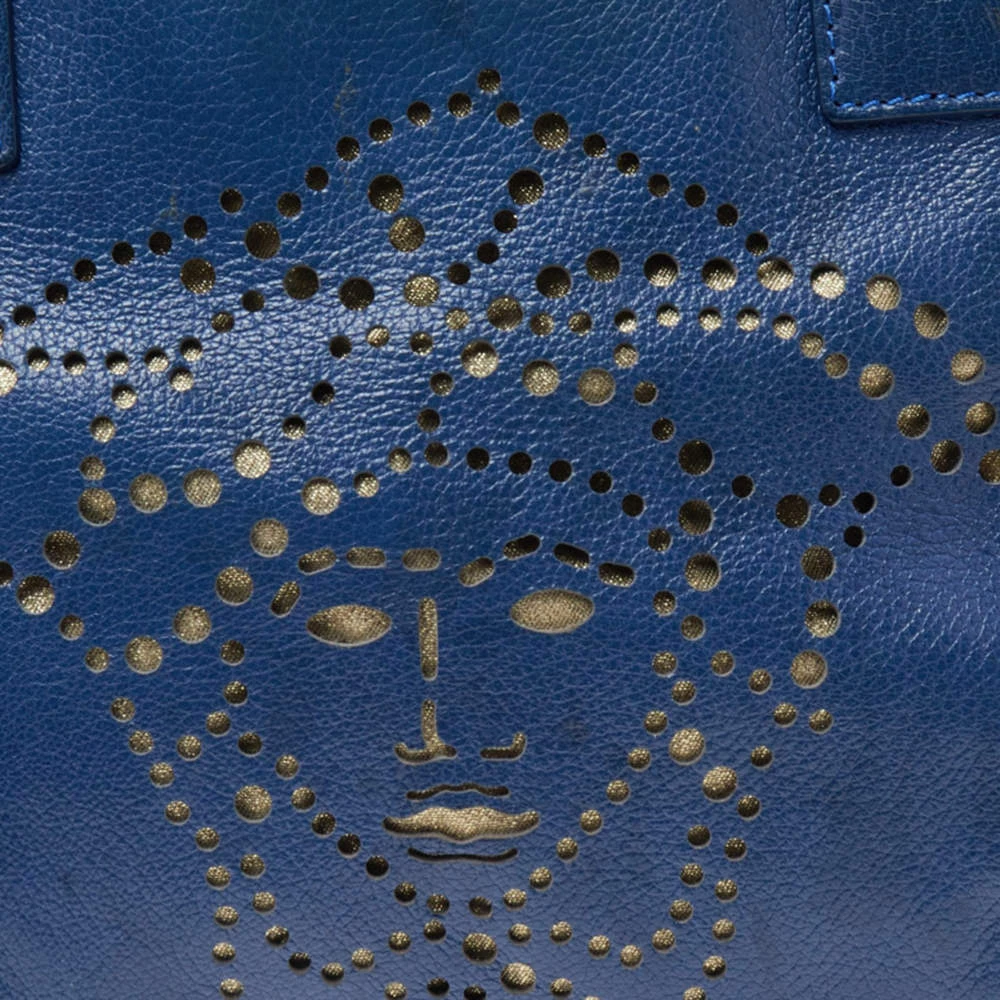 Versace Blue Perforated Logo Leather Chain Tote For Women - Image 5