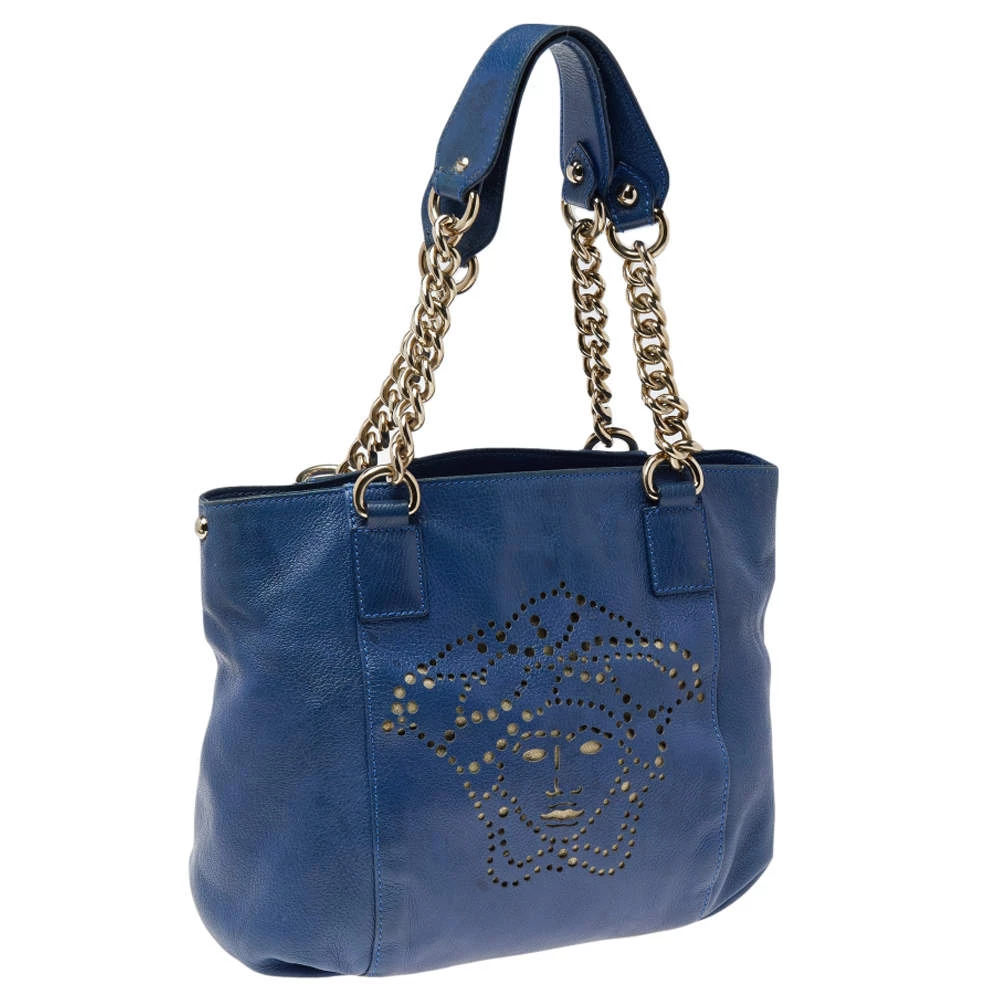 Versace Blue Perforated Logo Leather Chain Tote For Women - Image 3