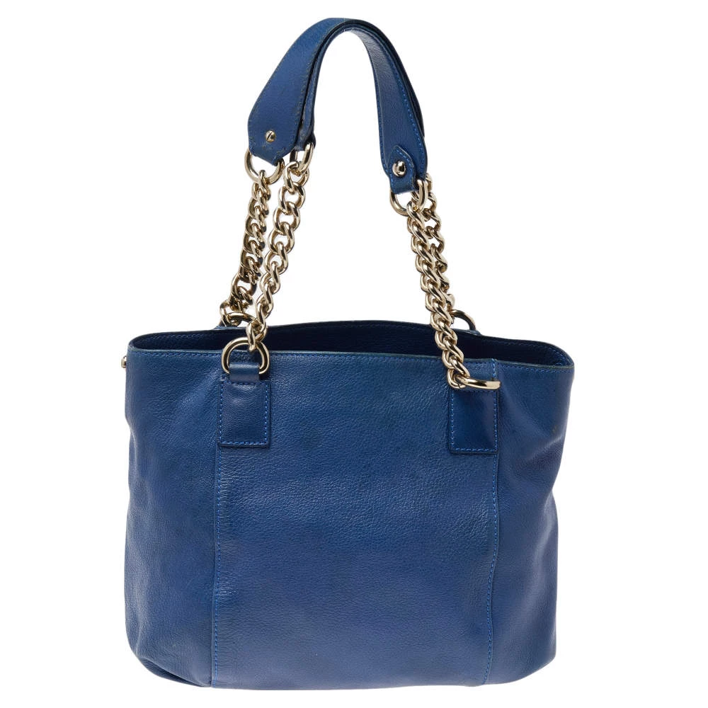 Versace Blue Perforated Logo Leather Chain Tote For Women - Image 4