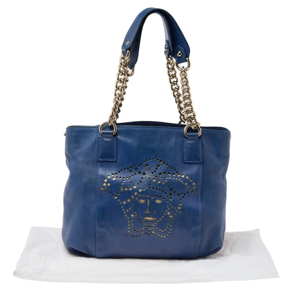 Versace Blue Perforated Logo Leather Chain Tote For Women - Image 9