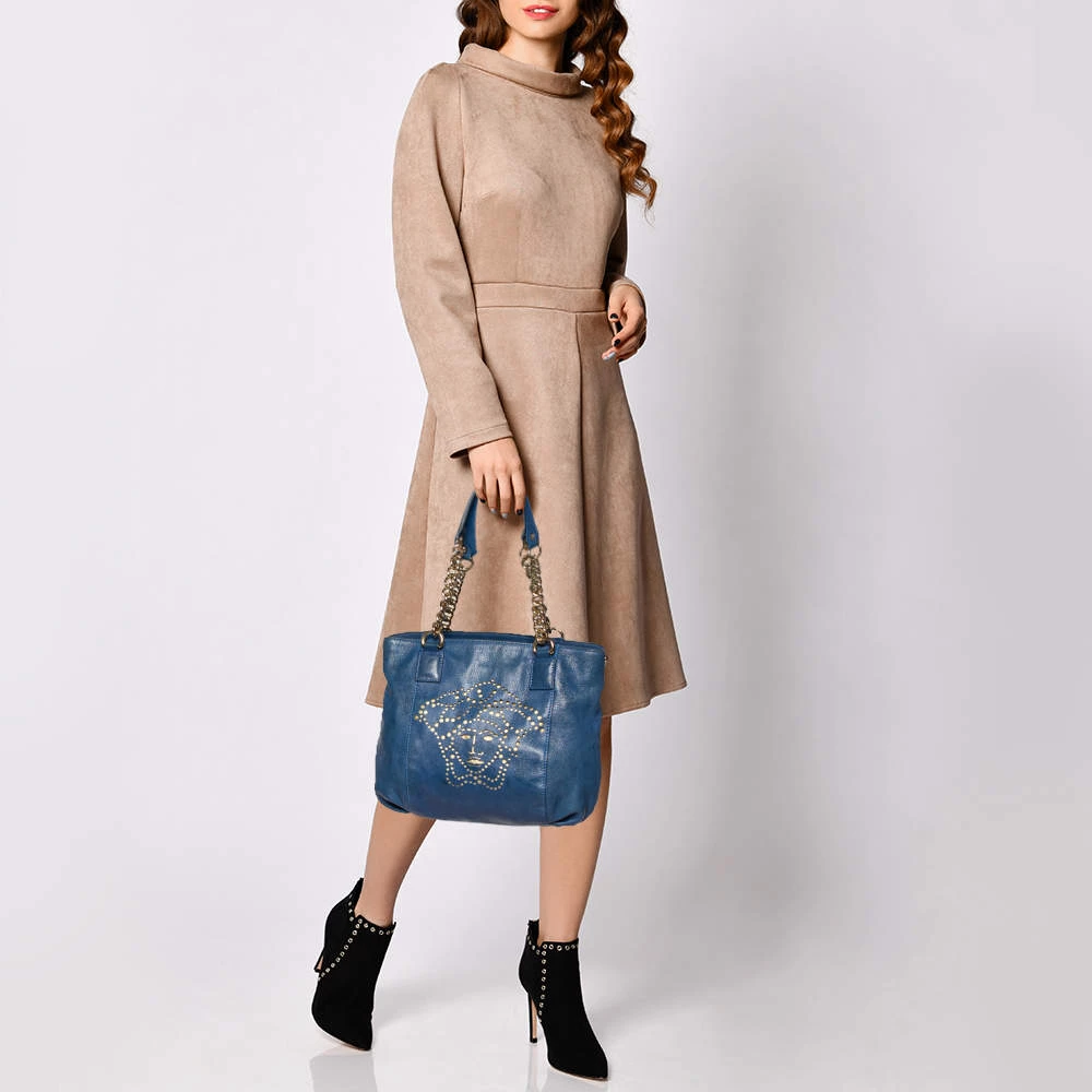 Versace Blue Perforated Logo Leather Chain Tote For Women - Image 2