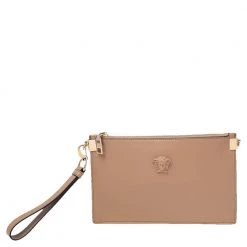 Versace Beige Leather Medusa Wristlet Clutch For Women