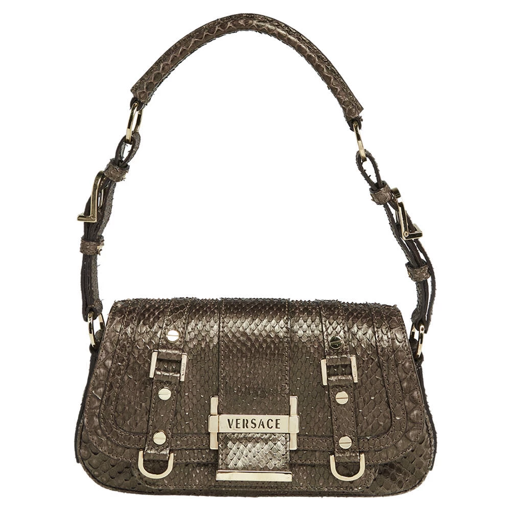 Versace Brown Python Small Flap Shoulder Bag For Women