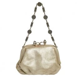 Versace Metallic Gold Leather Kiss Lock Chain Pochette For Women
