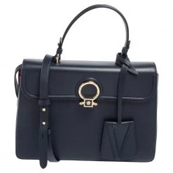 Versace Navy Blue/Orange Leather And Suede DV One Top Handle Bag For Women