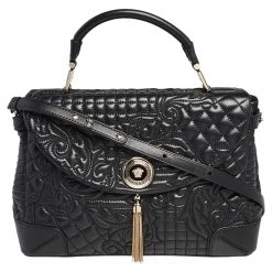 Versace Black Barocco Leather Altea Top Handle Bag For Women