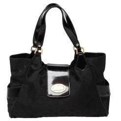 Versace Black Monogram Nylon And Patent Leather Logo Plague Flap Tote For Women