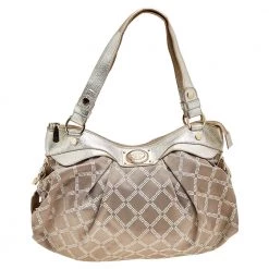 Versace Gold Monogram Fabric And Leather Logo Plate Hobo For Women