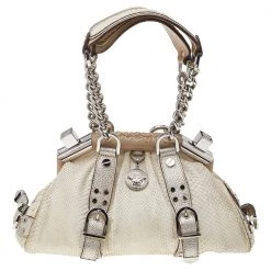 Versace White, Metallic Gold Snakeskin And Leather Medusa Satchel For Women