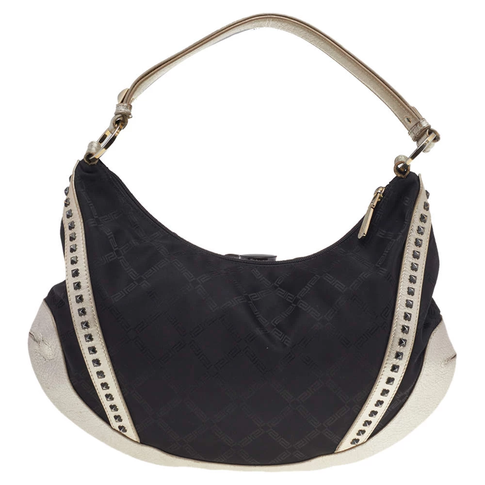 Versace Metallic Silver/Black Signature Canvas And Leather Studded Hobo For Women - Image 4