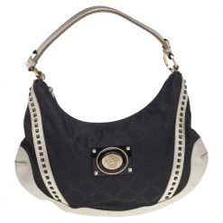 Versace Metallic Silver/Black Signature Canvas And Leather Studded Hobo For Women
