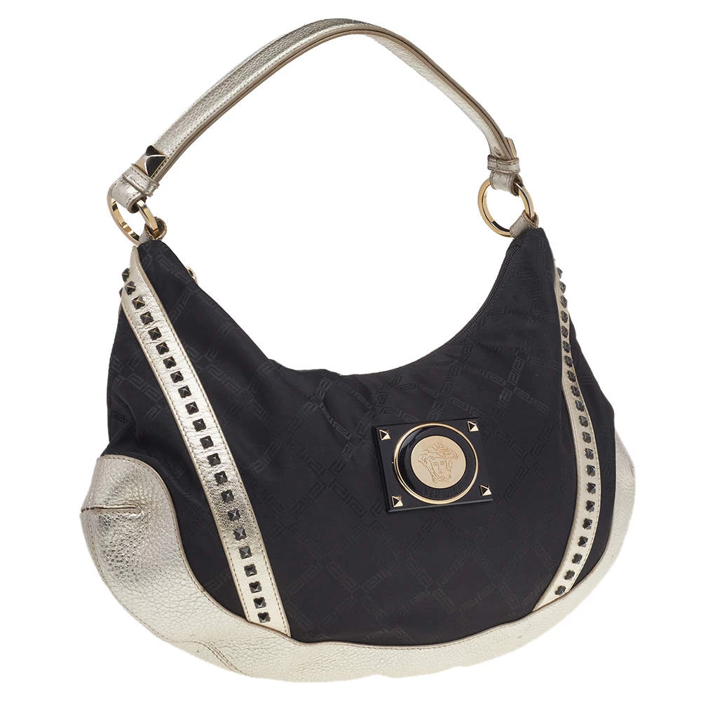 Versace Metallic Silver/Black Signature Canvas And Leather Studded Hobo For Women - Image 3