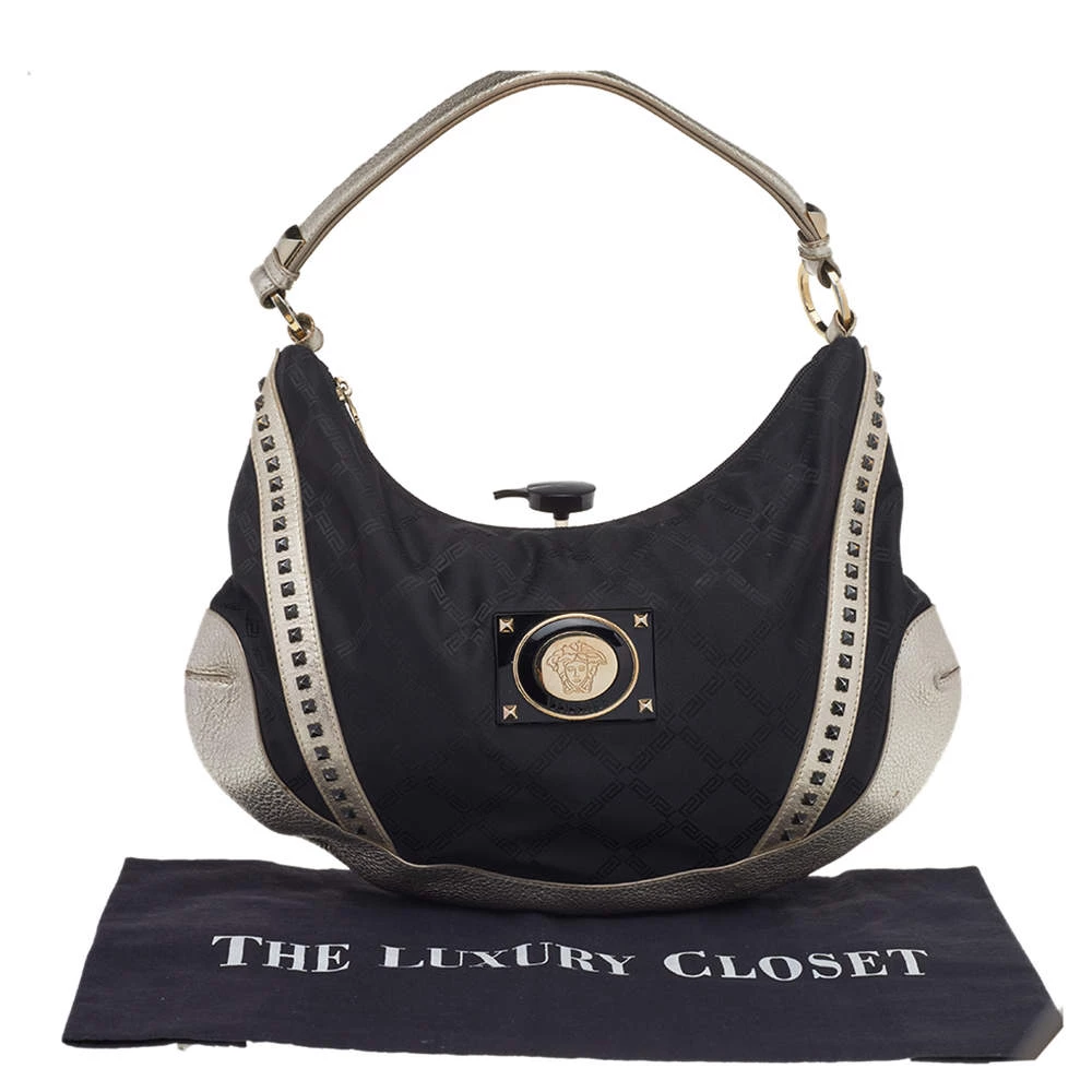 Versace Metallic Silver/Black Signature Canvas And Leather Studded Hobo For Women - Image 9