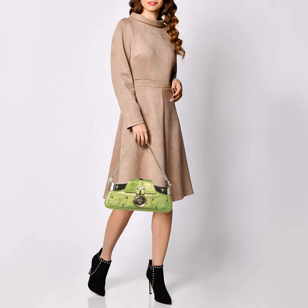 Versace Green Croc Embossed Leather Chain Clutch For Women - Image 2