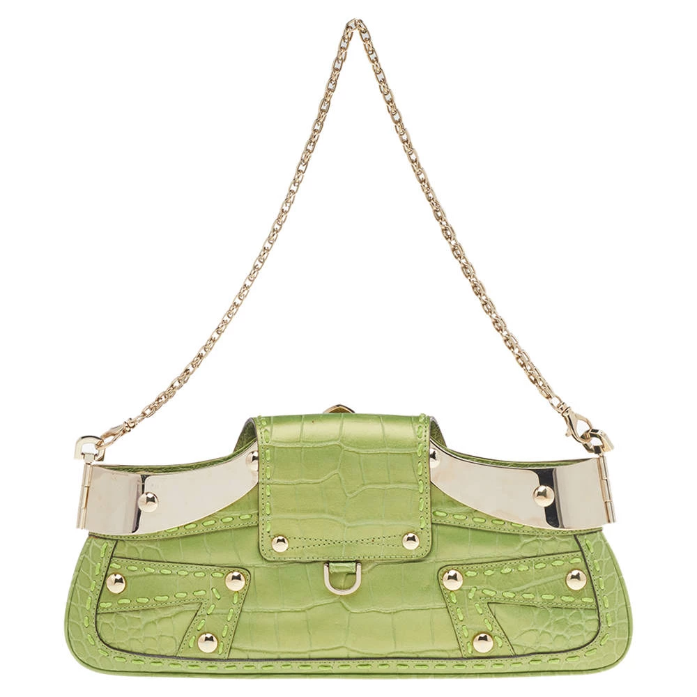 Versace Green Croc Embossed Leather Chain Clutch For Women - Image 4