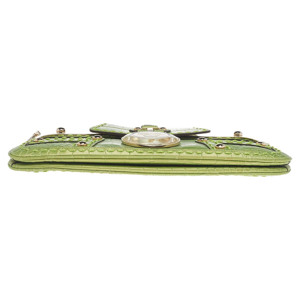 Versace Green Croc Embossed Leather Chain Clutch For Women - Image 6