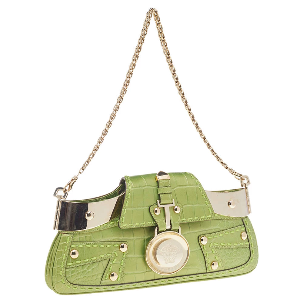 Versace Green Croc Embossed Leather Chain Clutch For Women - Image 3