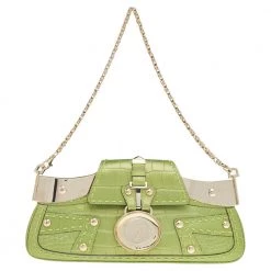 Versace Green Croc Embossed Leather Chain Clutch For Women