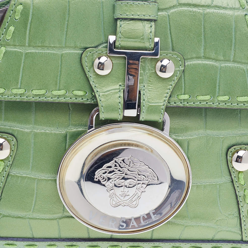 Versace Green Croc Embossed Leather Chain Clutch For Women - Image 5