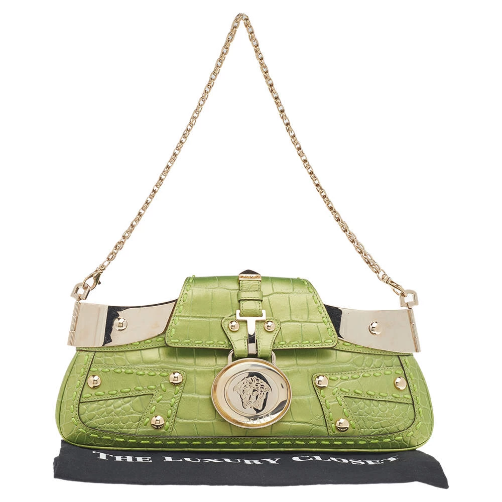Versace Green Croc Embossed Leather Chain Clutch For Women - Image 10
