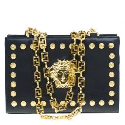 Gianni Versace Black Leather Vintage Studs Medusa Shoulder Bag For Women