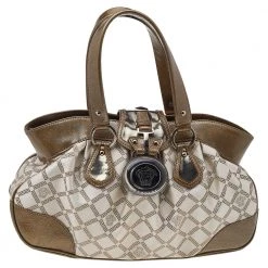 Versace Metallic Gold/Cream Signature Canvas And Leather Shoulder Bag For Women