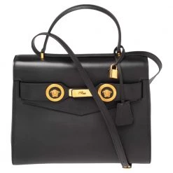 Versace Black Leather Icon Top Handle Bag For Women