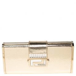 Versace Gold Karung Leather Crystal Flap Clutch For Women