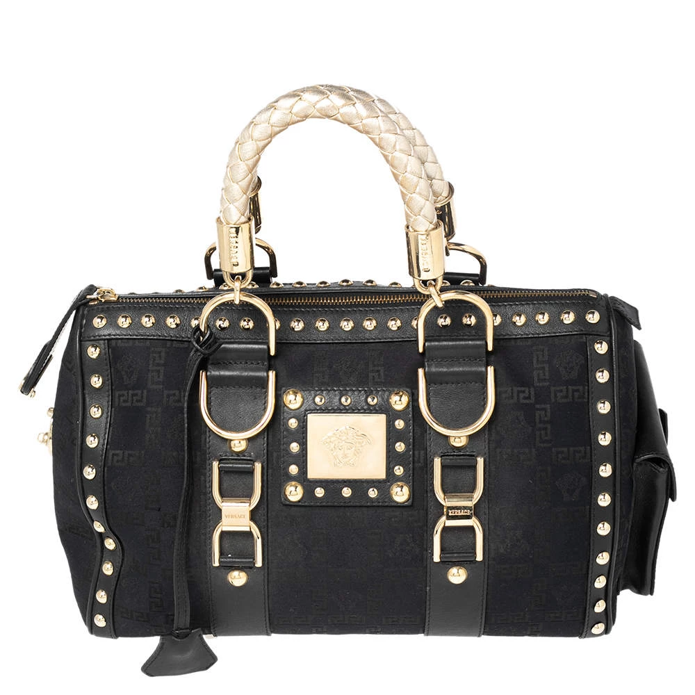 Versace Black Fabric And Leather Trim Snap Out Of It Satchel For Women