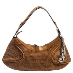 Versace Tan Logo Embossed Suede And Leather Charm Baguette Bag For Women