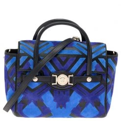 Versace Blue/Black Suede And Leather Patchwork Kmeoc Satchel For Women