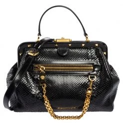 Versace Black Leather And Python Frame Studded Satchel For Women