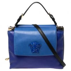 Versace Blue Leather Medusa Flap Top Handle Bag For Women