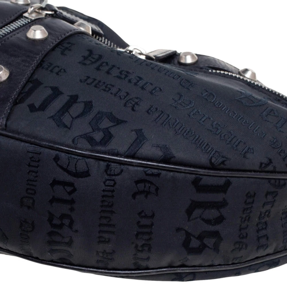 Versace Black Embroidered Print Fabric Studded Hobo For Women - Image 11