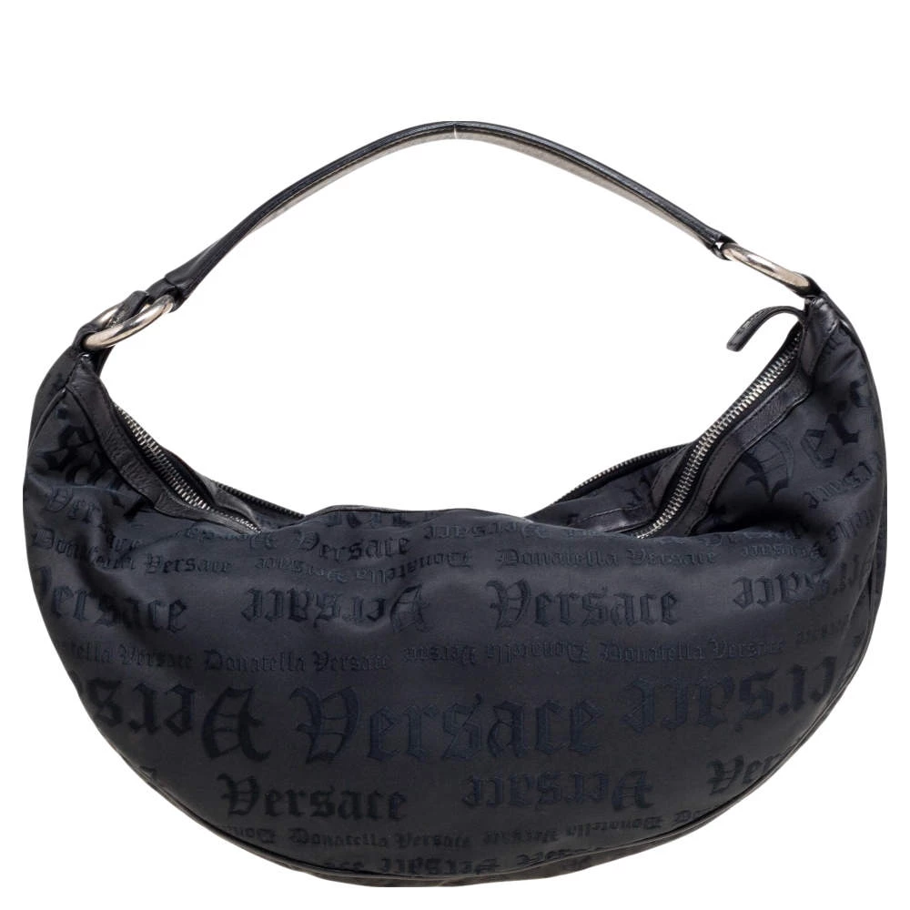 Versace Black Embroidered Print Fabric Studded Hobo For Women - Image 4