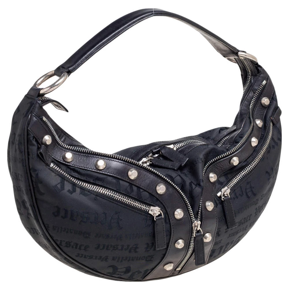 Versace Black Embroidered Print Fabric Studded Hobo For Women - Image 3