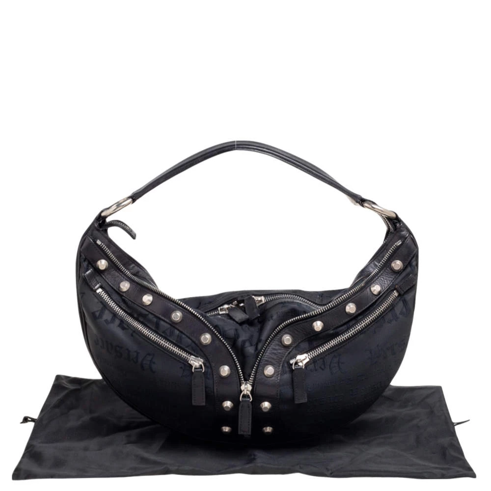 Versace Black Embroidered Print Fabric Studded Hobo For Women - Image 9