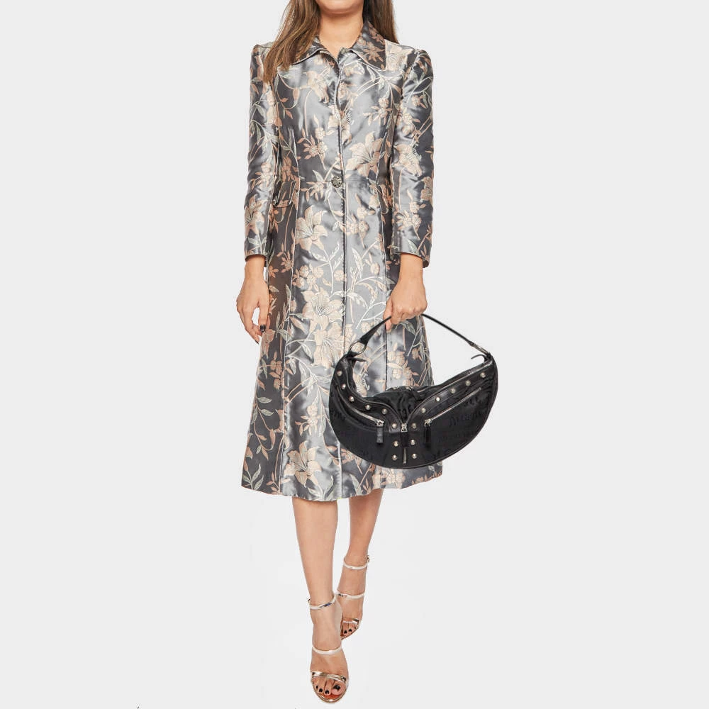 Versace Black Embroidered Print Fabric Studded Hobo For Women - Image 2