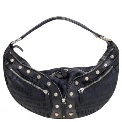 Versace Black Embroidered Print Fabric Studded Hobo For Women