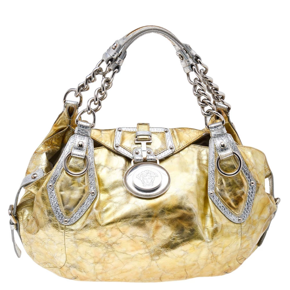 Versace Gold/Silver Leather Satchel For Women