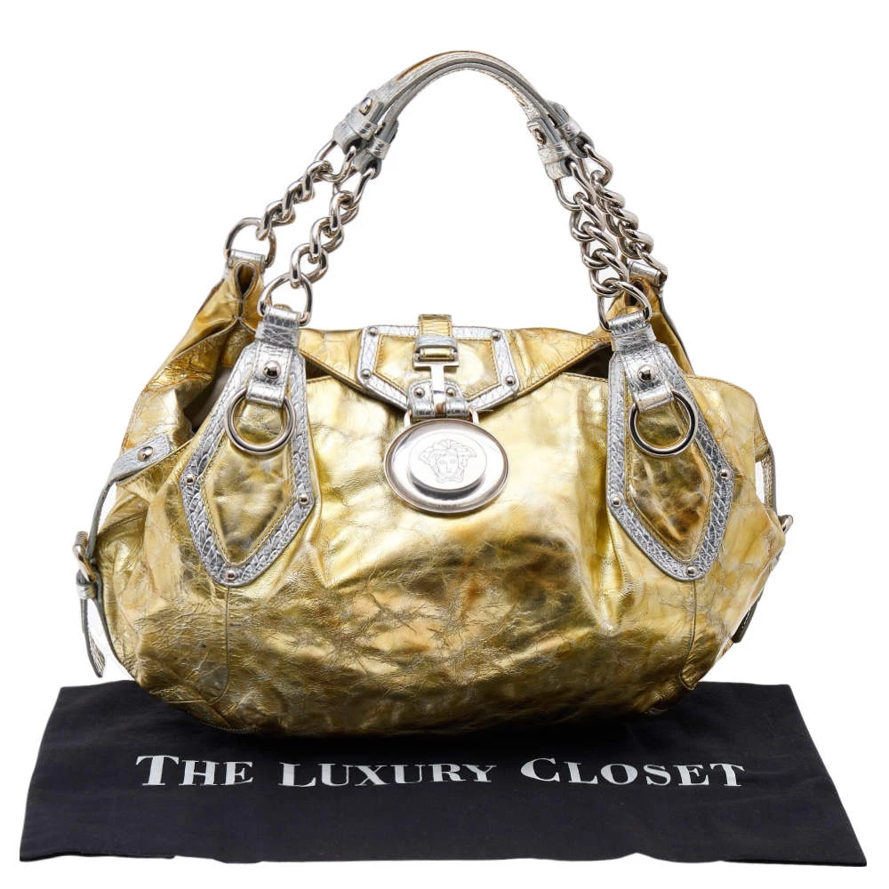 Versace Gold/Silver Leather Satchel For Women - Image 9